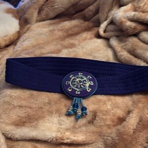 Vintage Navy Blue Waist Belt with Tassel Medallion Very Boho S-L